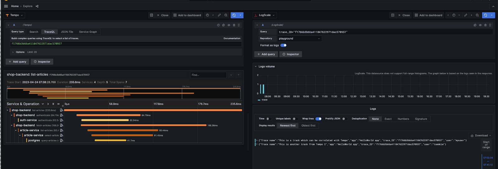 Tempo configured to link with LogScale events