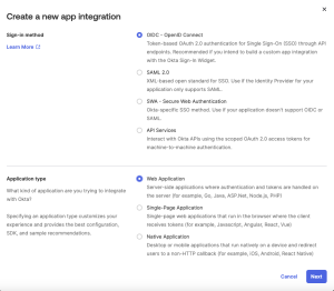 Screenshot of the Okta "Create a new app integration" dialog showing the selection options for sign-in method and application type. The "OIDC - OpenID Connect" sign-in method and "Web Application" application type are selected, with the "Next" button enabled for proceeding with the configuration