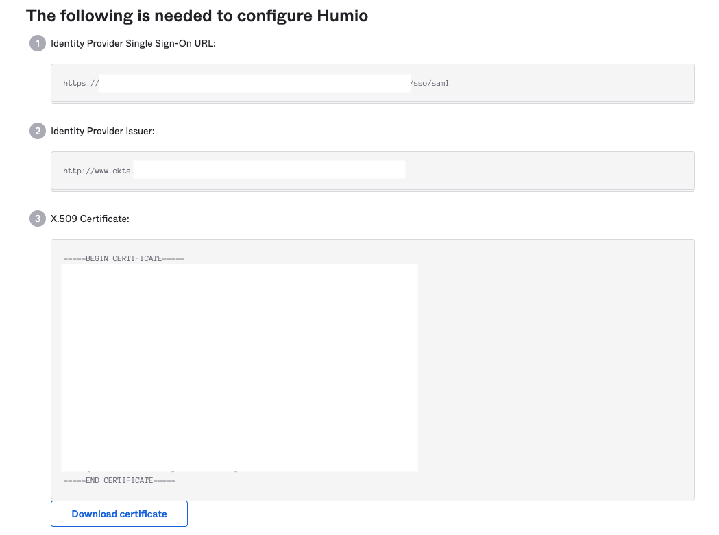 Screenshot of the Okta SAML Setup Instructions page showing the Identity Provider Single Sign-On URL, Identity Provider Issuer, and X.509 Certificate that need to be used to configure LogScale