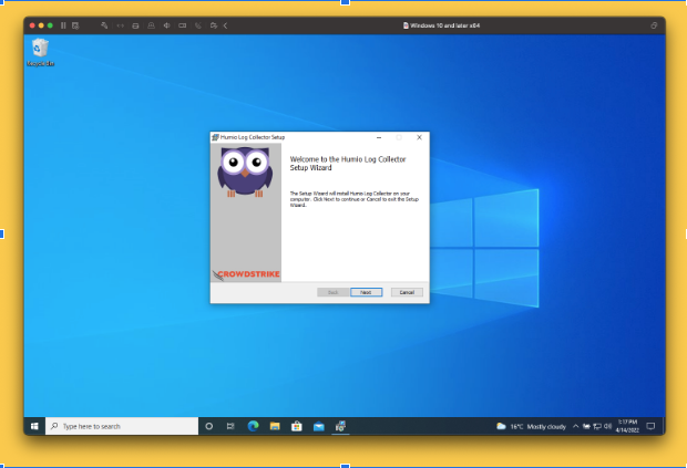 Windows installer wizard showing installation progress with CrowdStrike Humio Log Collector setup interface, displaying progress bar and installation status message