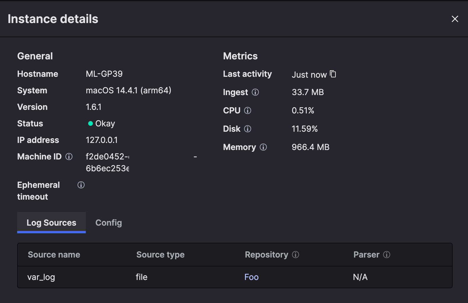 Modal dialog displaying detailed information about a collector instance including General section with hostname, system, version, IP address, machine ID, and ephemeral timeout, plus Sources section listing configured log sources with their status