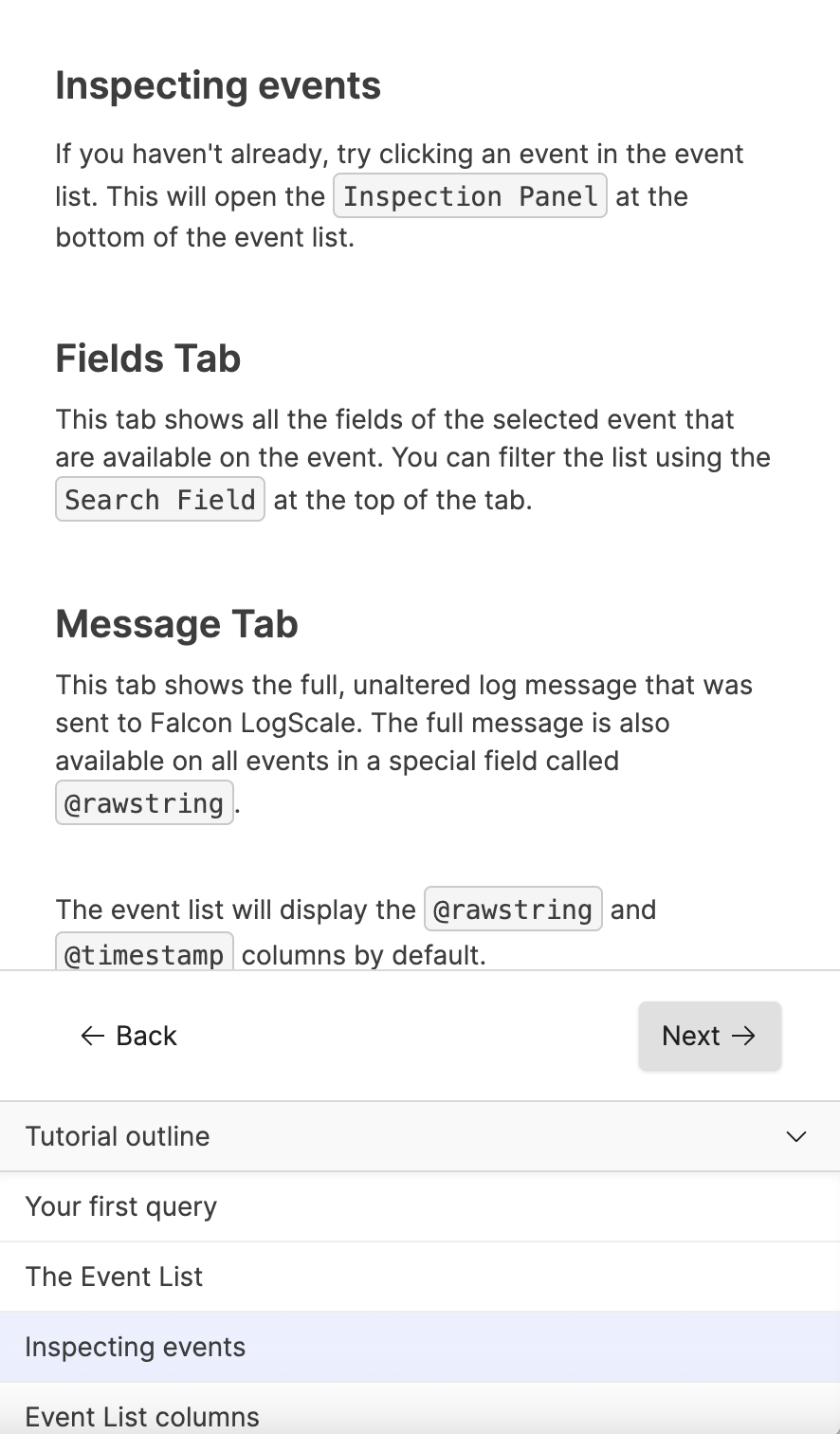 Screenshot showing the tutorial navigation panel with sections for Inspecting events including Fields Tab, Message Tab, and Event list columns, along with Back and Next buttons at the bottom