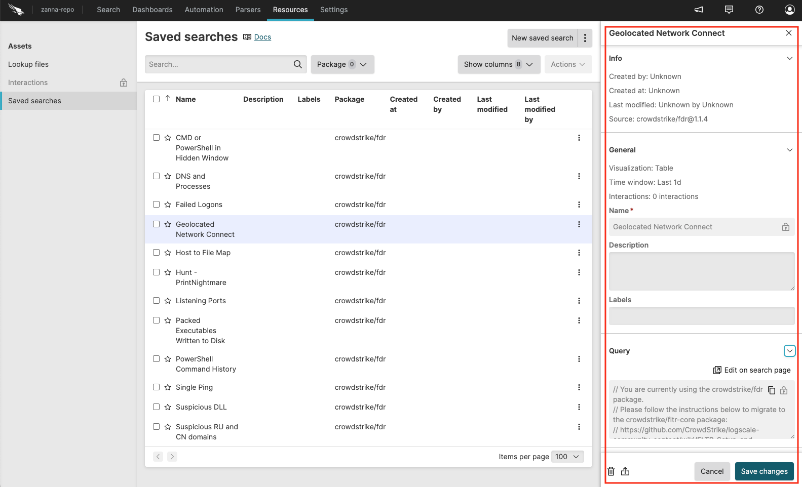 Screenshot showing the properties panel of a saved search