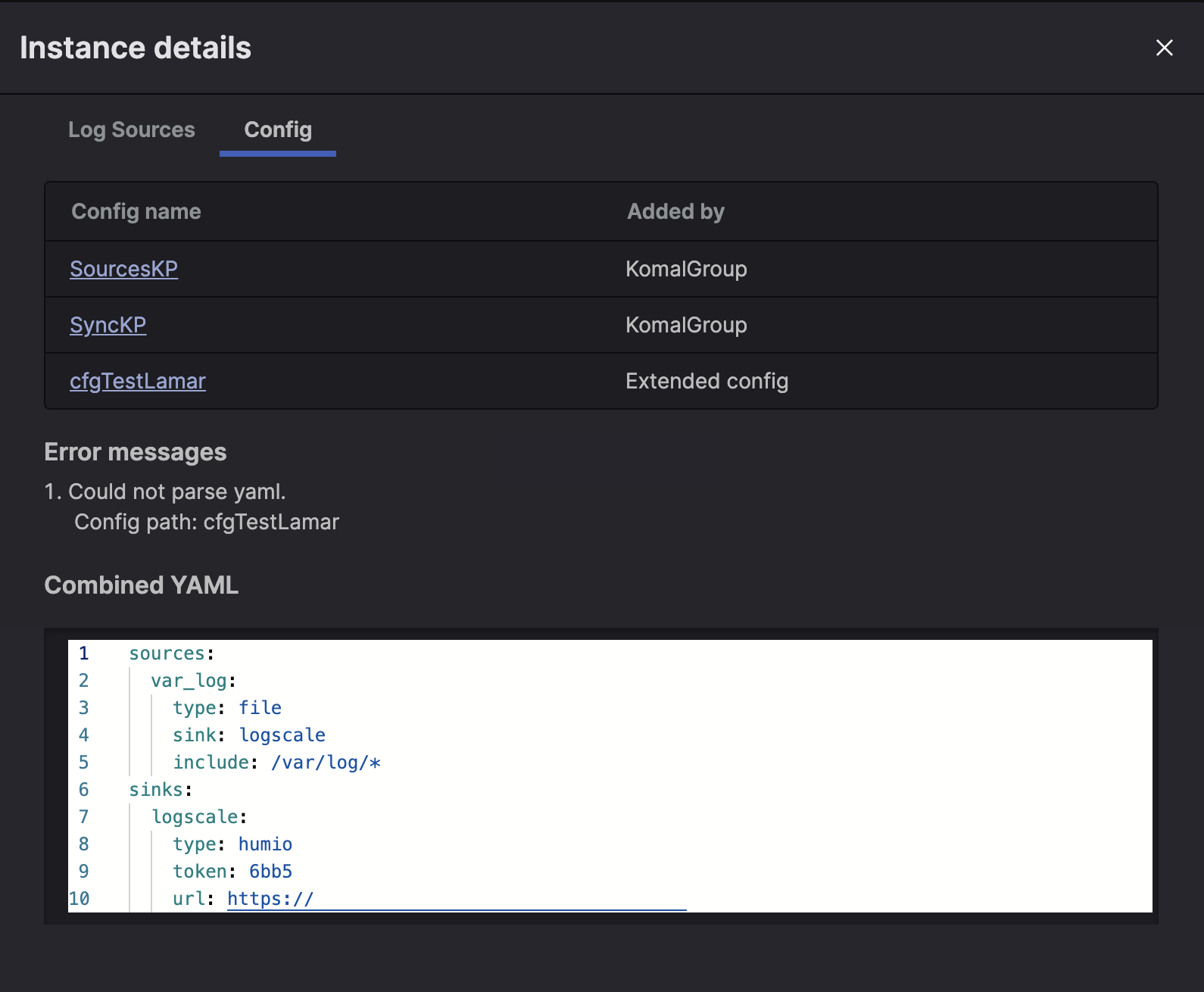 Config tab within Instance Details modal showing the combined YAML configuration file with syntax highlighting, displaying the complete collector configuration including sources, sinks, and settings sections
