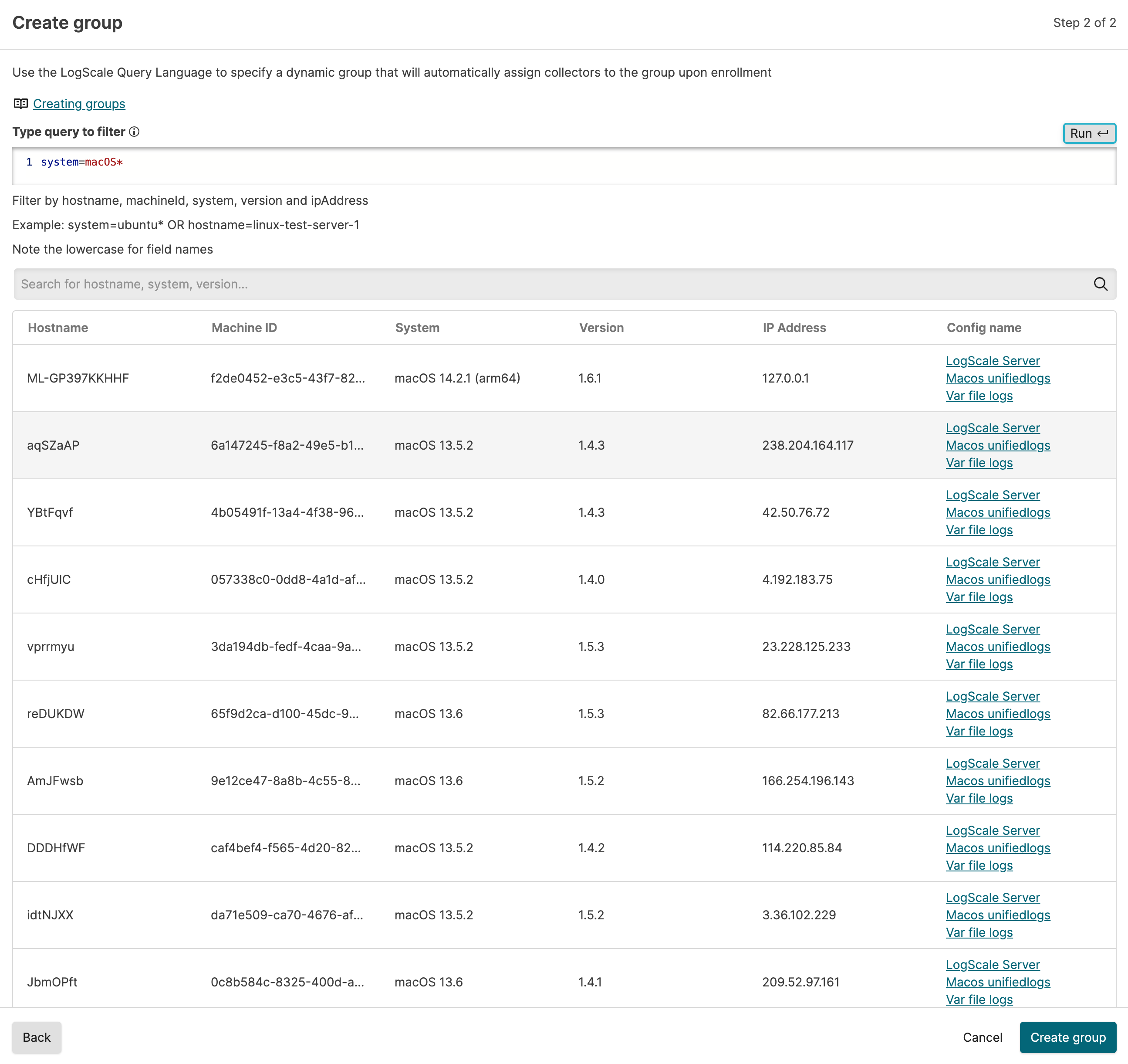 Create Group dialog with filter field populated with os=darwin query to match all collectors running on macOS, showing configuration selection and matched instance count