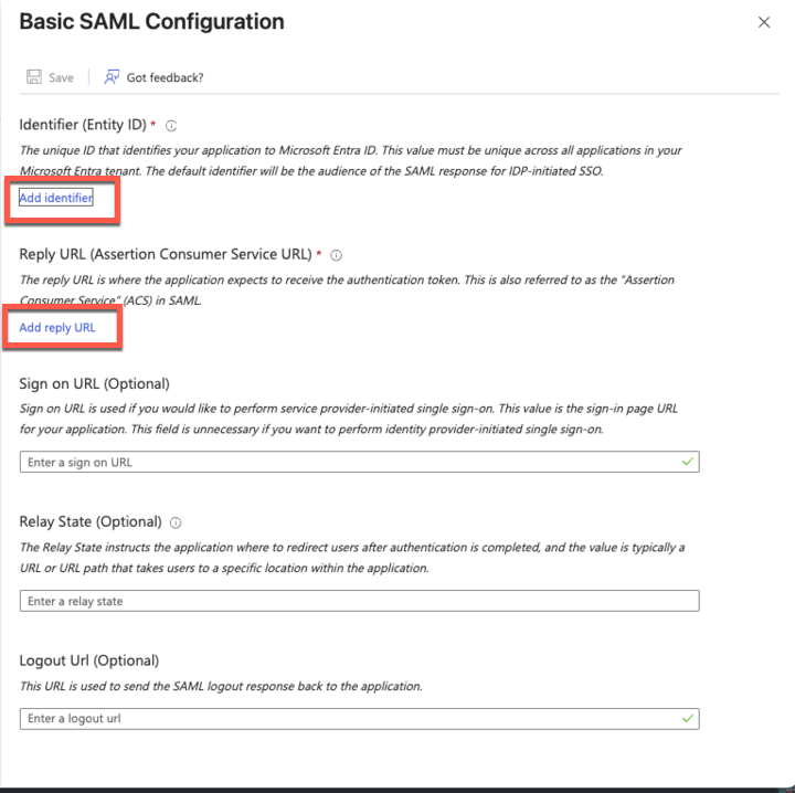 Screenshot of the Azure AD SAML configuration interface showing the 'Basic SAML Configuration' form where administrators must enter critical connection parameters for LogScale integration. The form displays fields for 'Identifier (Entity ID)', and optional fields for 'Sign on URL' and 'Relay State'. These parameters establish the trust relationship between Azure AD as the identity provider and LogScale as the service provider, enabling proper SAML authentication flow between the two systems.