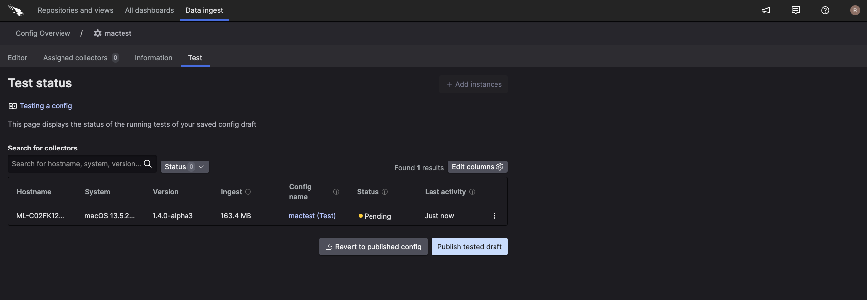 Test status tab displaying table of assigned test instances with columns for hostname, status indicator, last heartbeat time, and actions to add or remove instances from the test configuration