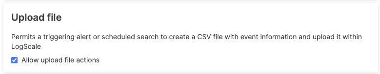 Upload file action security policy page displaying Allow upload file actions checkbox for enabling or disabling file upload functionality.