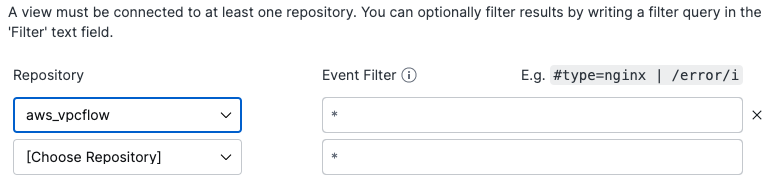 Screenshot showing view configuration with Repository dropdown displaying aws_vpcflow selected and Event Filter text fields with wildcard placeholders