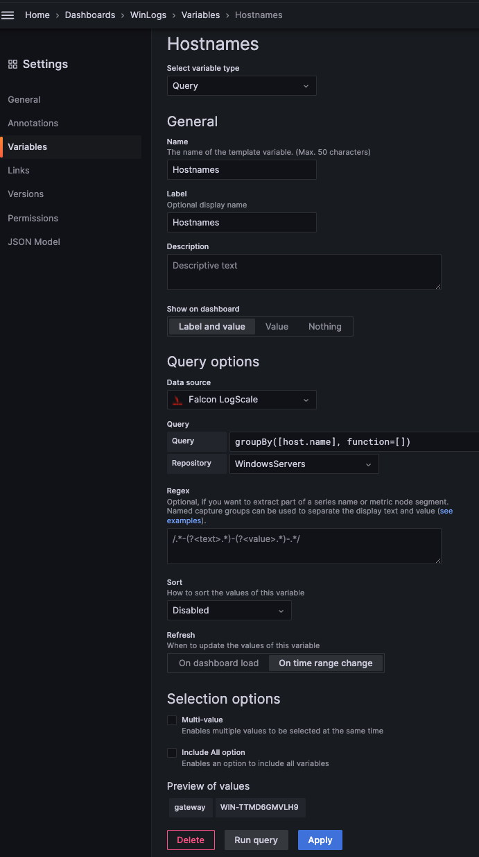 Screenshot showing Grafana variable configuration interface for Hostnames variable with settings including variable type Query, data source Falcon LogScale, query field with groupBy function, Repository selection, and configuration options for multi-value and include all option