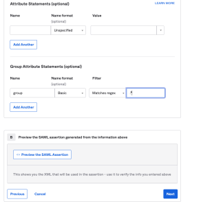 Screenshot of the Okta SAML Settings page showing the Group Attribute Statements section with the 'group' attribute configured with a regex filter of '.*'
