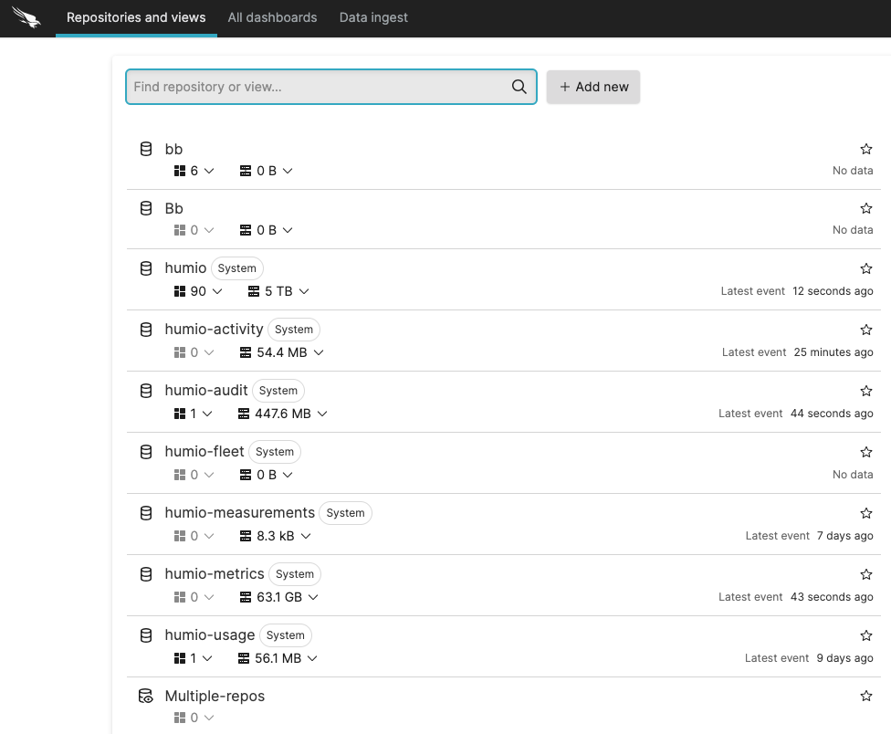 Screenshot showing the available repositories and views