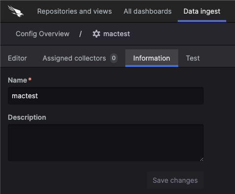 Information tab showing Name field and Description text area for editing configuration metadata, with Save changes button to persist updates