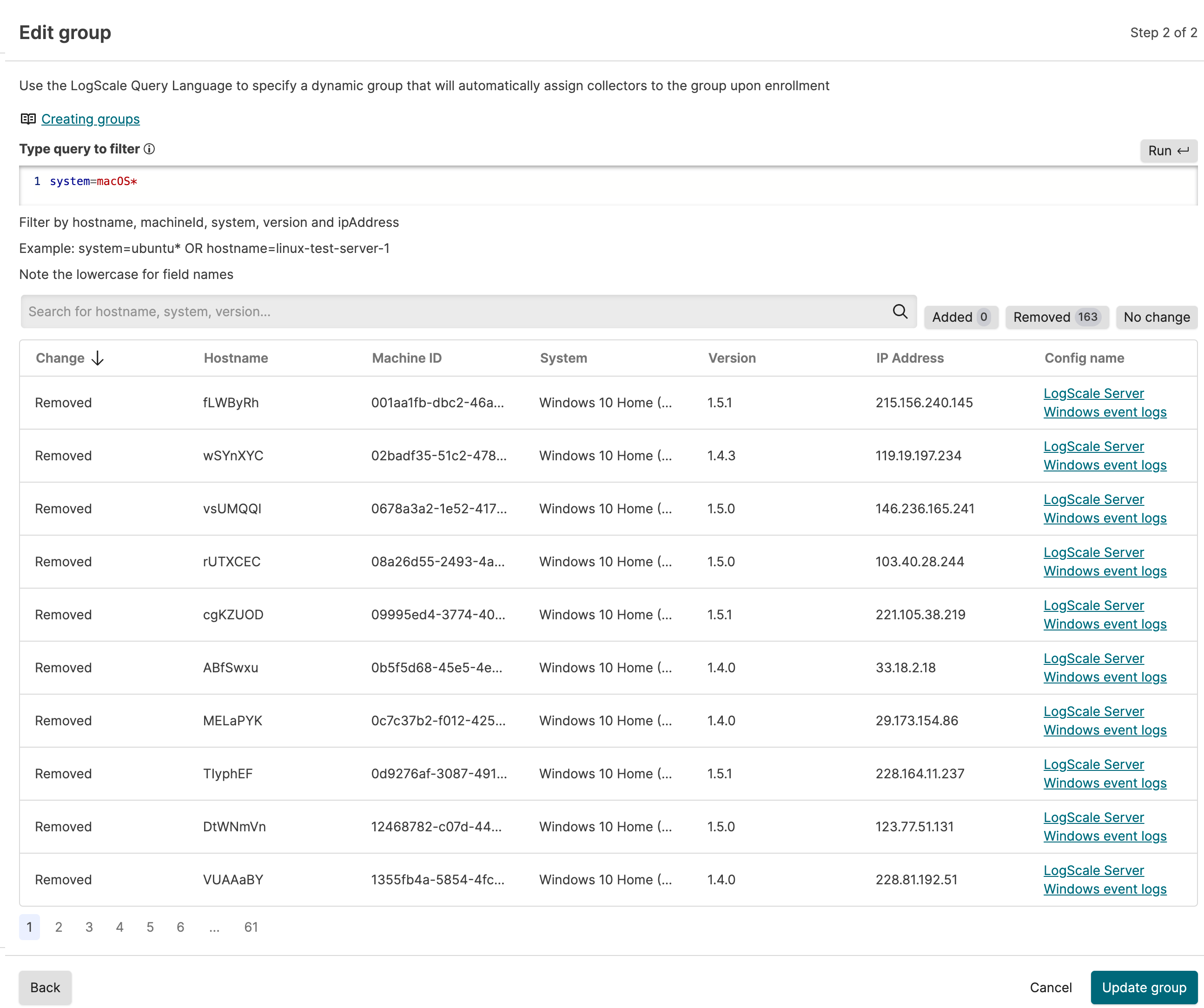 Edit Group modal showing Name field, Configs list, and Filter field with query syntax, displaying impact summary showing instances added or removed based on filter changes, with Update group button