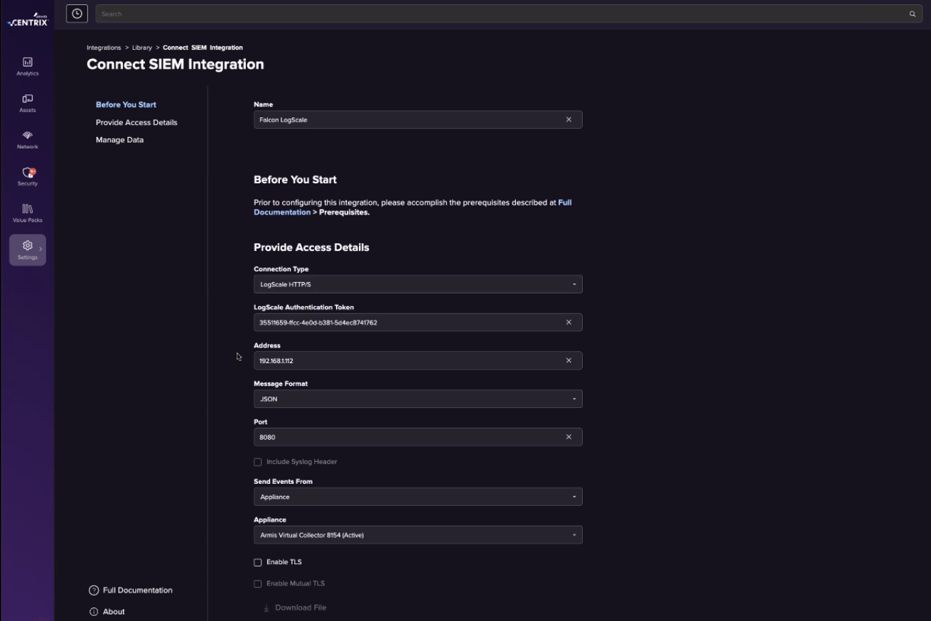 Screenshot showing SIEM export configuration in Armis