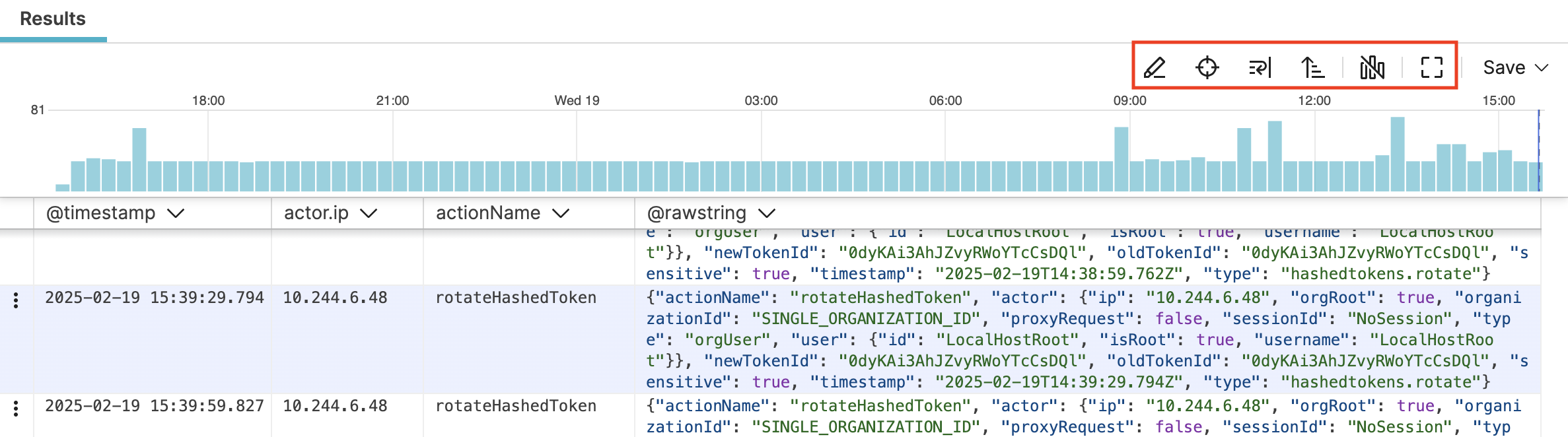 Tool panel displaying icons for Events, Table, and chart visualization options along with format and interaction buttons.
