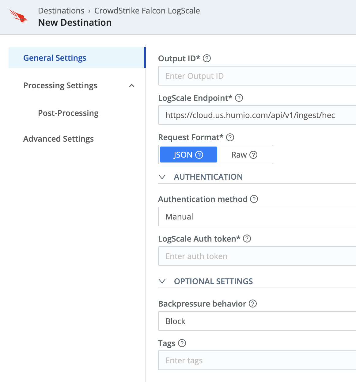 Screenshot showing a default new Crowdstream destination