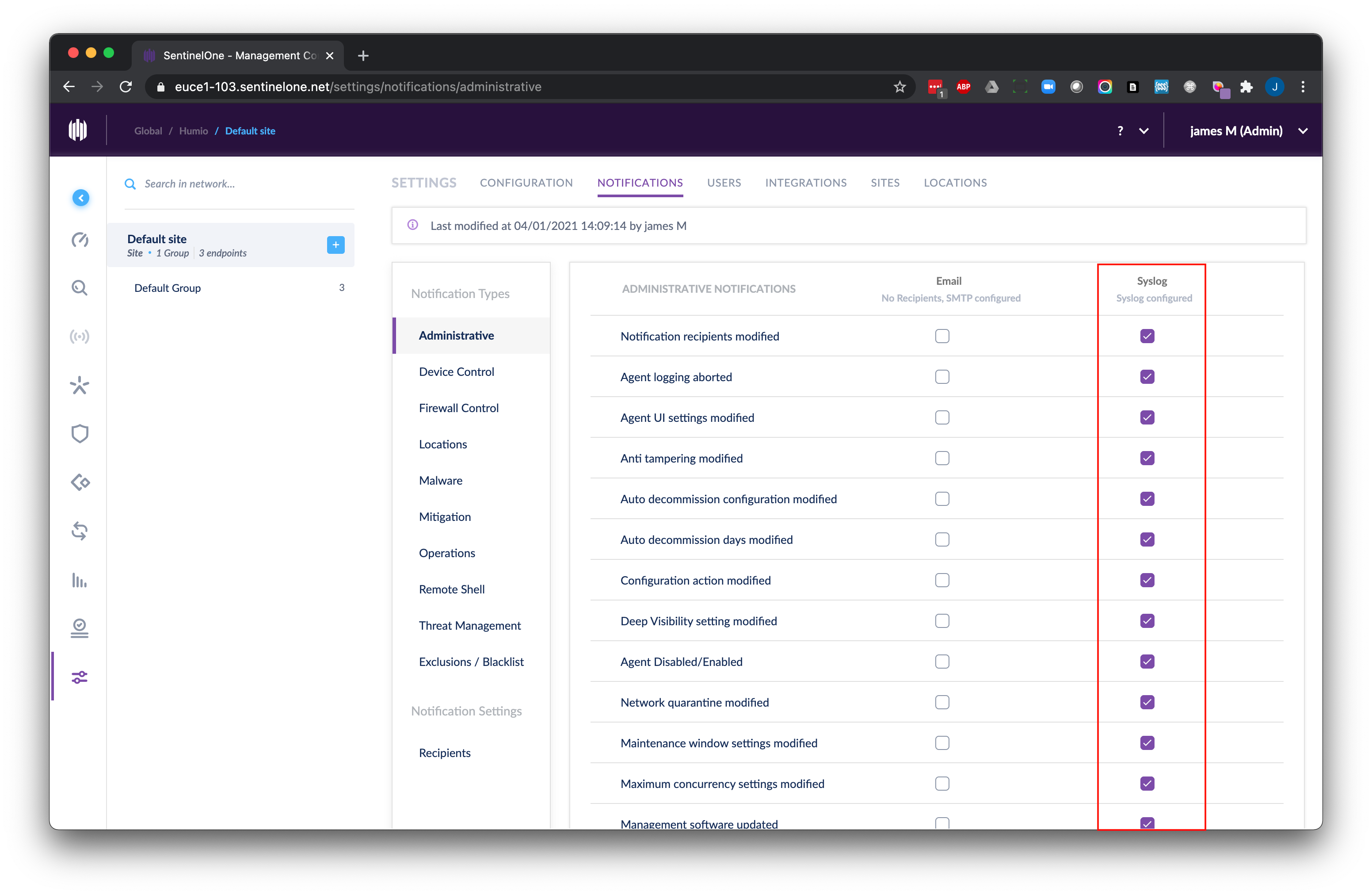 Screenshot showing the SentinelOne notification configuration page with categories including Administrative, Device Control, Firewall Control, and other management options, along with Email and Syslog configuration columns