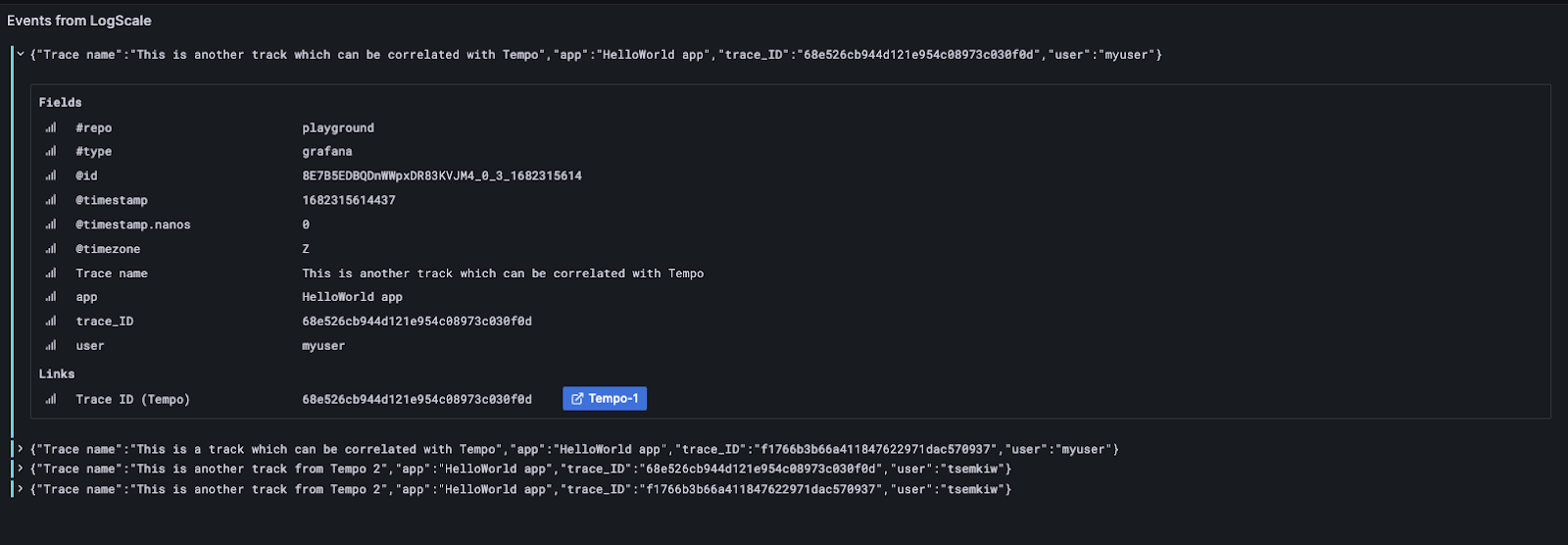 Screenshot showing a log events panel from Falcon LogScale displaying parsed event data including fields such as @repo, @type, @id, @timestamp with Trace ID values and user information