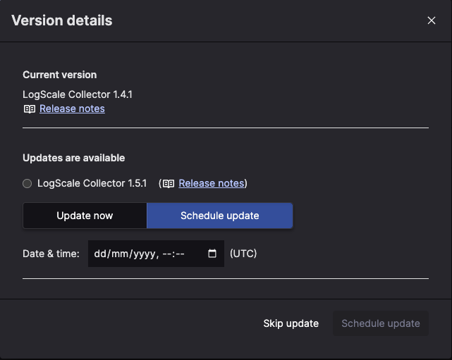 Updates interface showing scheduled update dialog with date picker, time selector, and Schedule update button to plan version upgrades for collector instances