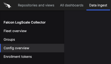 Config overview page showing the Data ingest tab with sidebar navigation menu including Config overview, Export, Repositories, Ingest tokens, and Advanced options