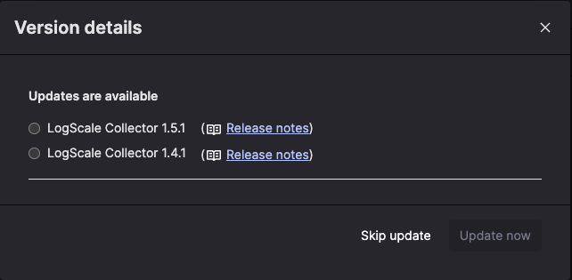 Manage versions modal dialog showing table of available collector versions with radio buttons for selection, current version indicator, and Update now button to apply version changes to all group members