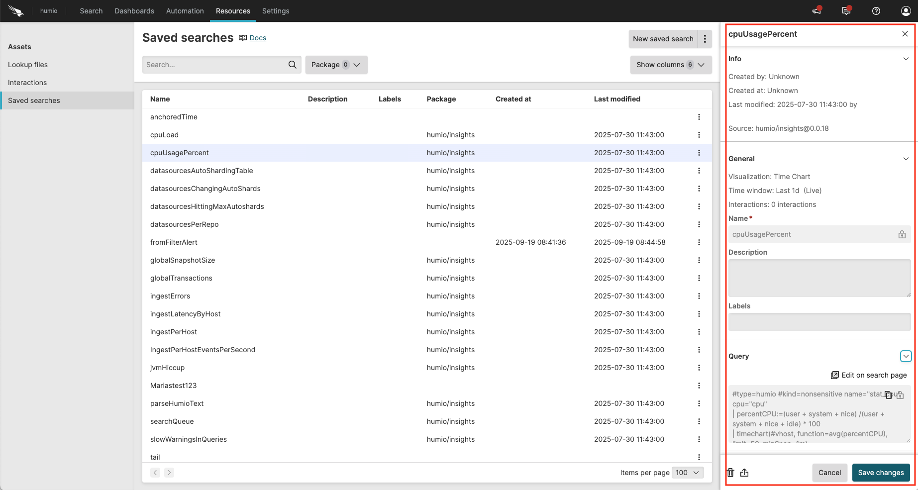 Screenshot showing the properties panel of a saved search