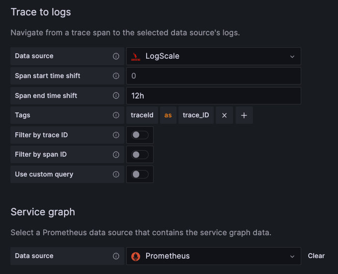 Tempo configured to link with LogScale events
