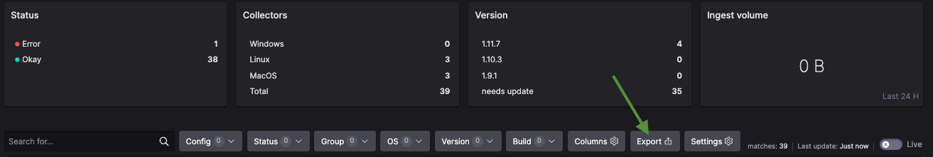 Fleet overview interface with the Export option highlighted.