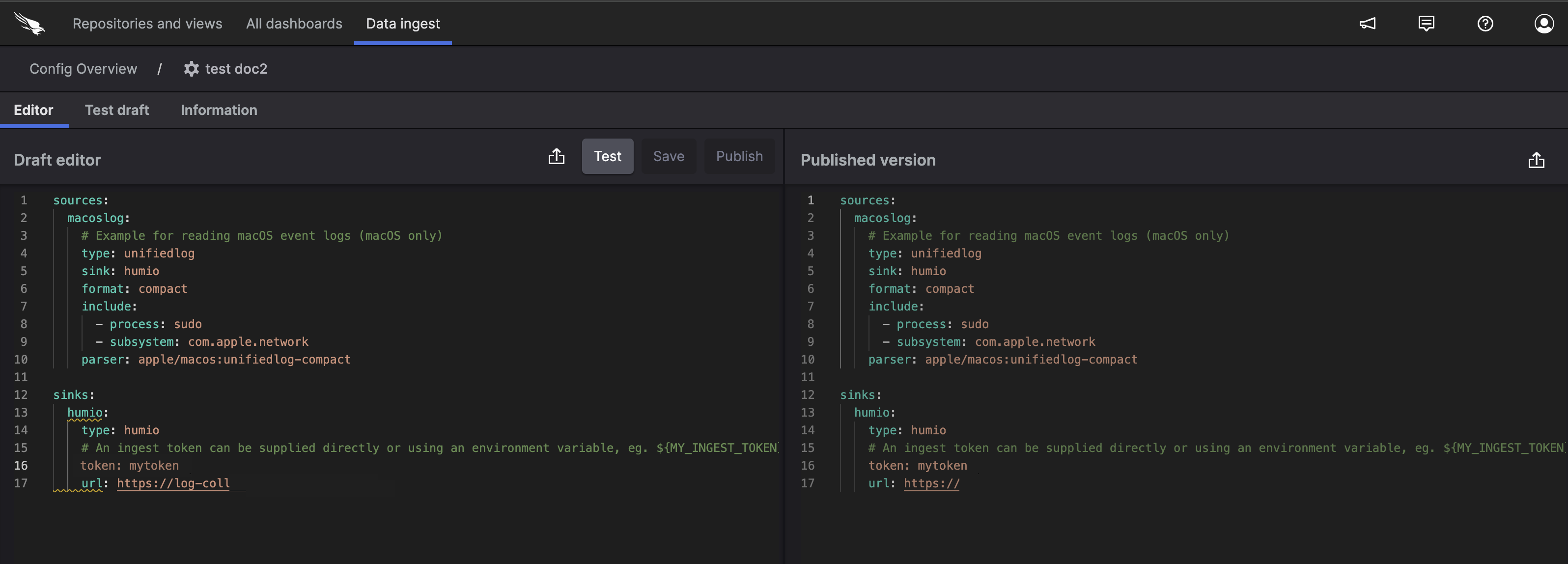 Config Editor interface displaying a YAML configuration file with sections for sources, sinks, and settings with syntax highlighting and line numbers