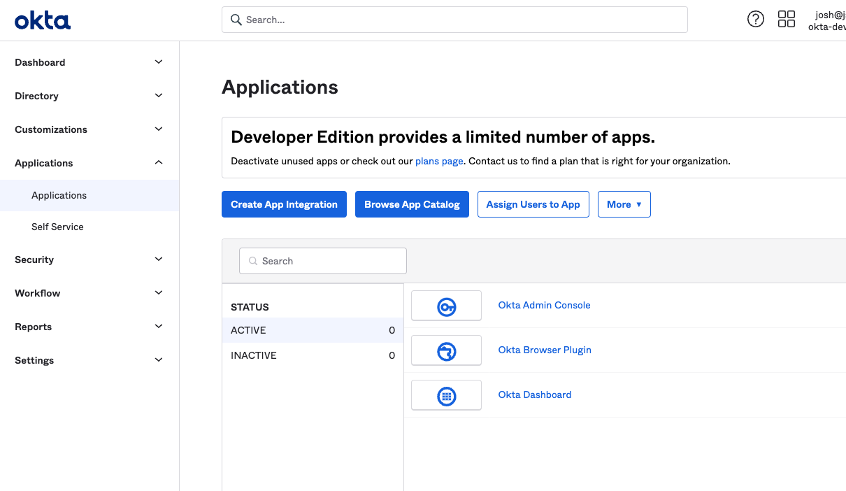Screenshot of the Okta Admin Dashboard showing the Applications navigation menu with the Applications option highlighted