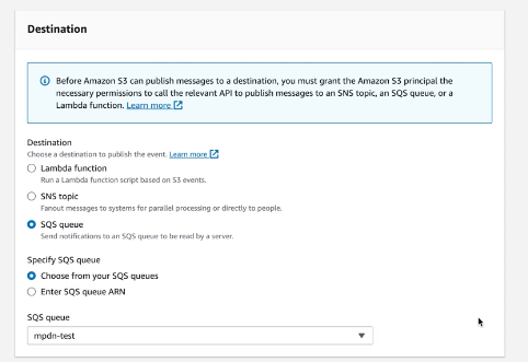 Screenshot of the AWS S3 event notification destination configuration interface. This image displays the critical final step in the three-part event notification setup process where administrators specify where the selected S3 events will be sent. The interface shows the destination selection panel where users must configure the SQS queue as the target for all S3 bucket event notifications. The panel includes options for selecting the notification destination type (SQS queue) and a field for specifying the exact queue ARN or name that LogScale will monitor for new data alerts. This configuration creates the essential connection between the S3 bucket that stores the log data and the SQS queue that LogScale polls to detect when new data is available for ingestion. After completing this configuration and clicking 'Save changes', the notification pathway is established, enabling automated data discovery and ingestion into LogScale. This final configuration step completes the event-based notification system that powers LogScale's AWS S3 ingest feed functionality.