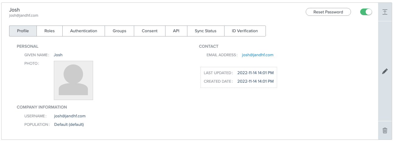 PingOne user management page showing a created user with Reset Password option highlighted.