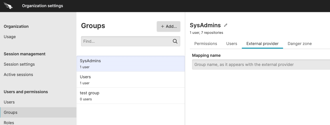 Screenshot of the LogScale Group Synchronization configuration interface showing the External provider tab where administrators can map external directory groups to LogScale groups. The interface displays a form field labeled 'Mapping name' where the external group identifier (such as an LDAP group name) can be entered. This configuration enables automatic group membership synchronization, allowing users who belong to the specified external group to be automatically assigned to the corresponding LogScale group when they log in. This is a critical component of implementing single sign-on with synchronized permissions across systems.